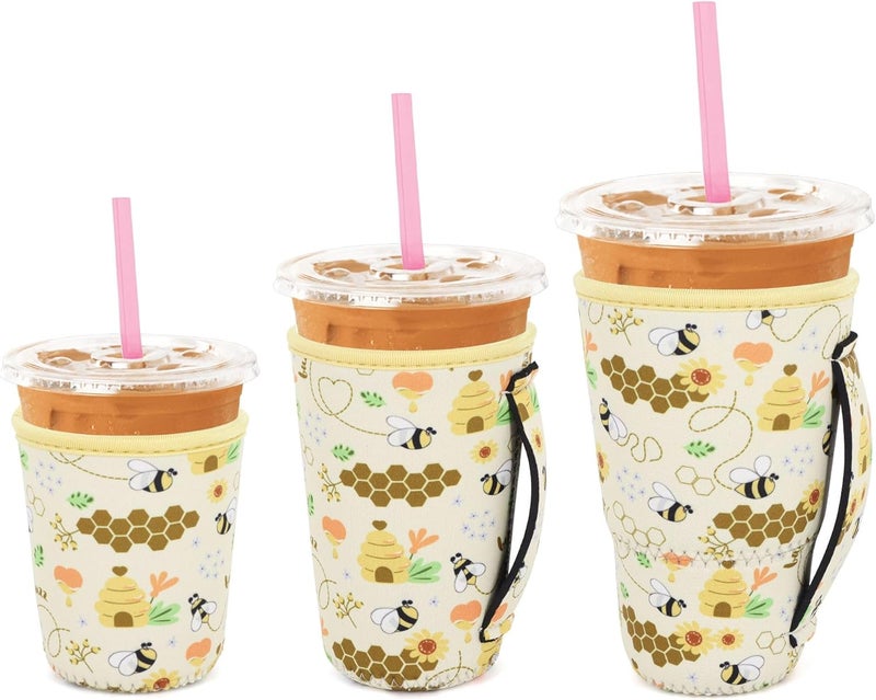 Snowso 3 Pack Iced Coffee sleeve Insulated Neoprene Cup Sleeves with handle For Cold Drinks Beverages, Reusable Cup Holder for 16oz-32oz Coffee Cups (Honeycomb Buzz) - Image 1
